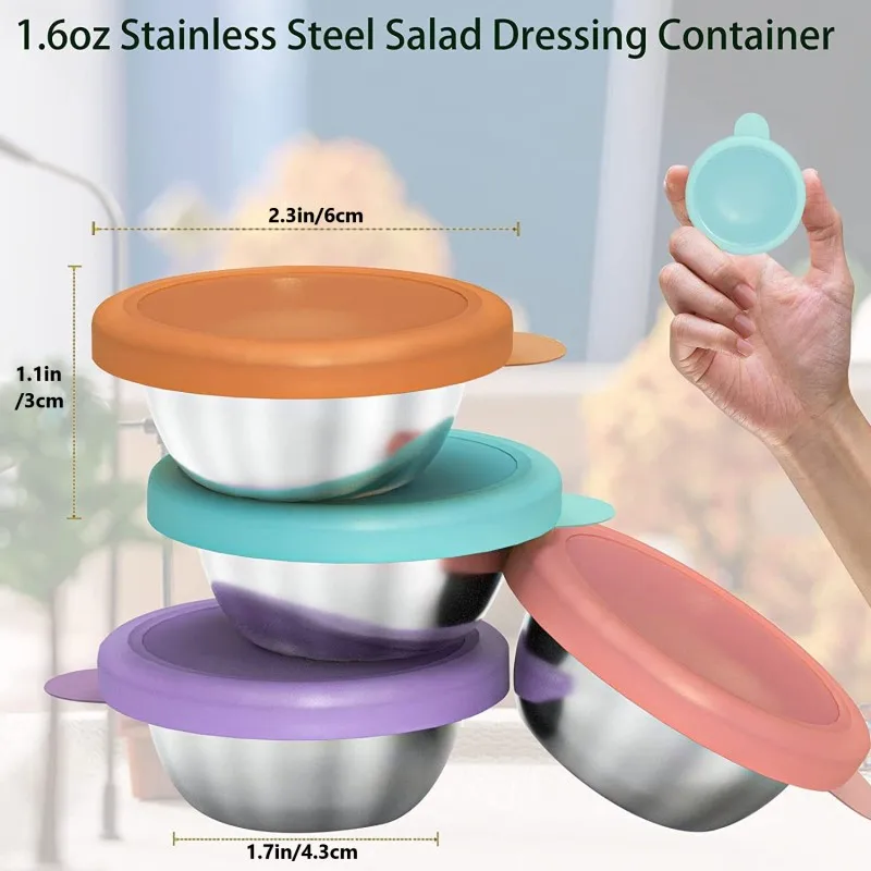

Stainless Steel Sauce Containers With Silicone Lids Reusable Leak-proof Condiment Cup Salad Dressing Salad Condiment Container