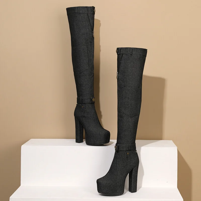 2023Slim Plus Size Thigh-high Boots Chunky Heels Over The Knee Children's High-heeled Round Toe Cowboy Boots A-0031
