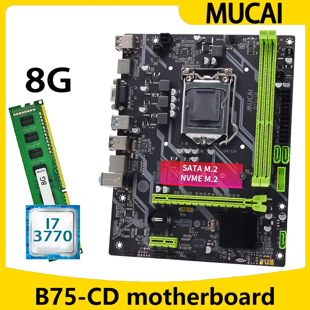 

Материнская плата MUCAI B75 LGA 1155 комплект с процессором Intel Core i7 3770 и DDR3 8 Гб 1600 МГц ОЗУ память ПК компьютер