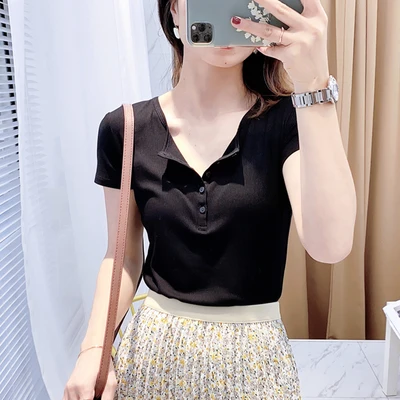 

Summer new women's short-sleeved T-shirt hlf-open-neck threded knit sweter is thin nd verstile loose leisure