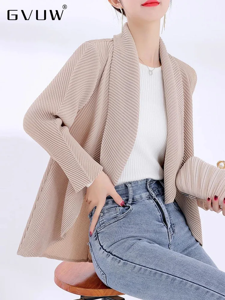 GVUW плиссированные куртки с лацканами для женщин длинными рукавами и открытой