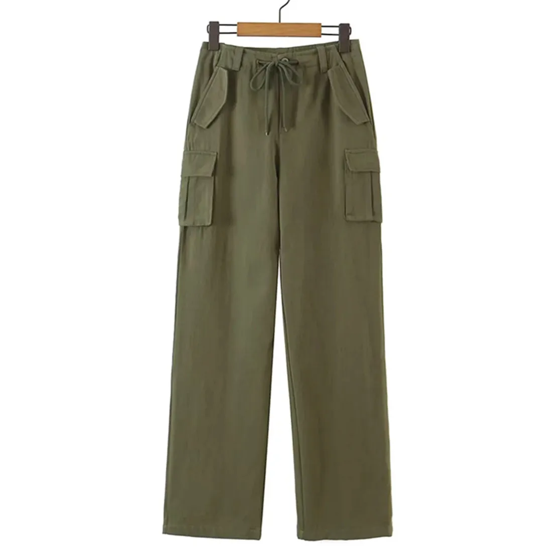 

Elmsk 2022 Pockets Loose Drawstring Straight Trousers Casual Pants Women American Vintage Army Green Cargo Pants