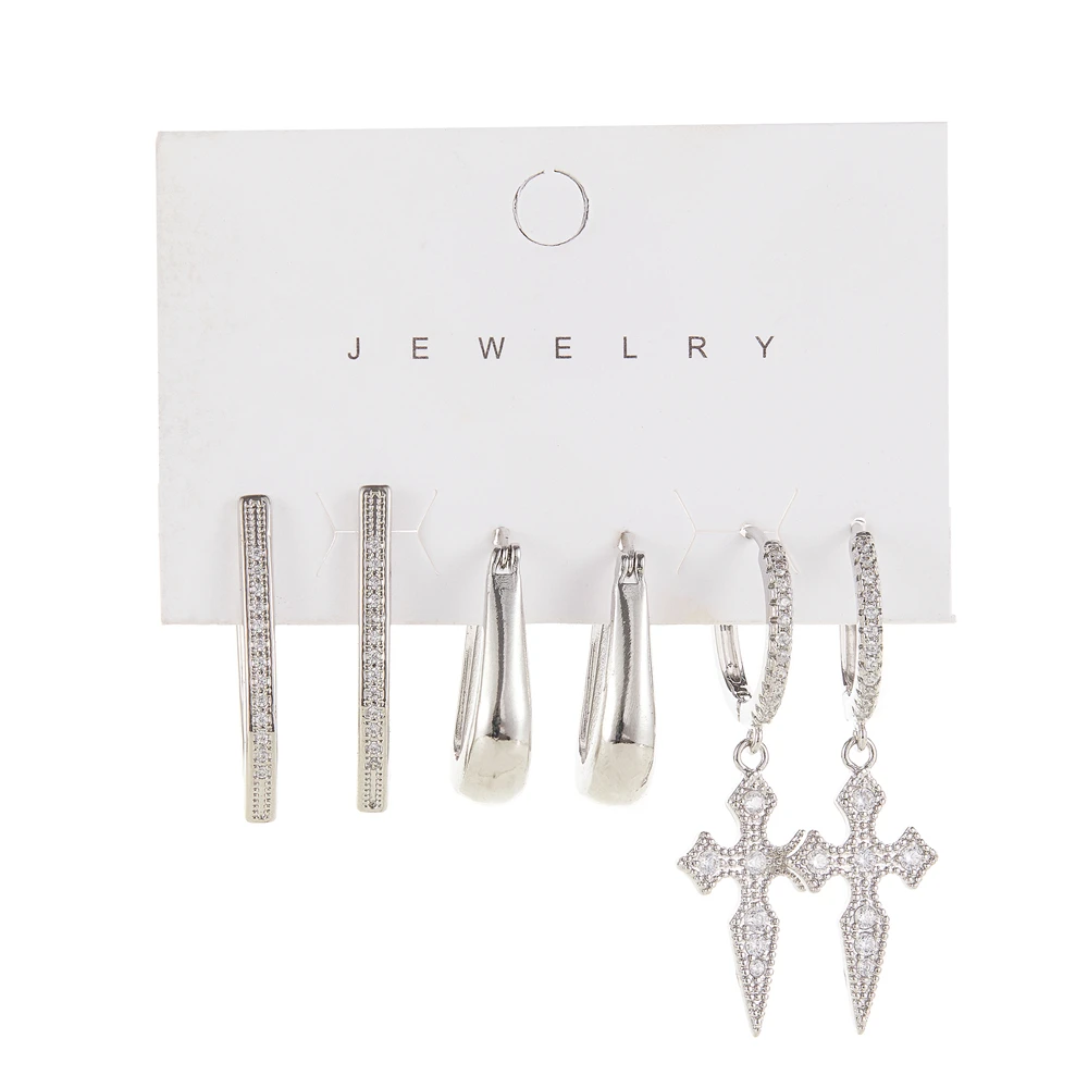 

SIPENGJEL Fashion Cubic Zircon Silver Color Cross Dangle Earrings Sets Women Geometric Metal Square Huggies Ear Buckle Earrings