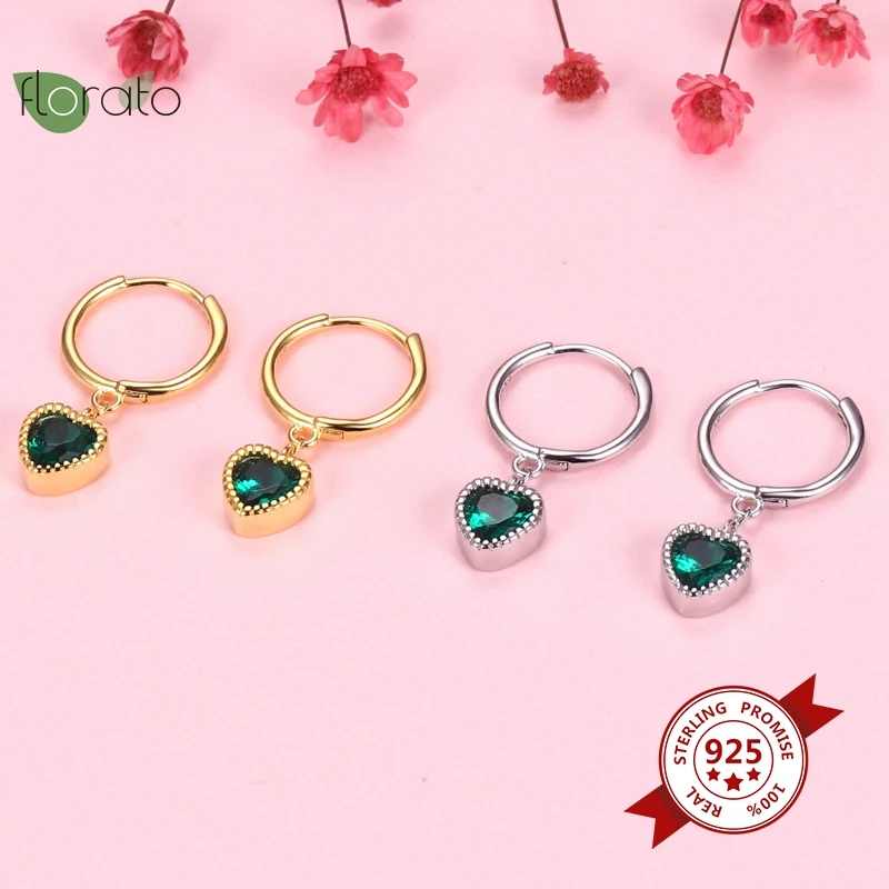 

925 Sterling Silver Needle Green Gem Heart Earrings for Women Fashion Hoop Earrings Wedding Luxury Jewelry Premium Gifts