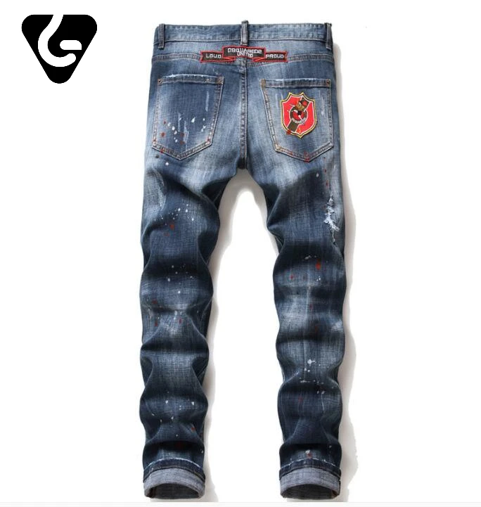 Hot Dsquared2 denim trousers high-quality patchwork contrast maple leaf stretch badge hole all handmade