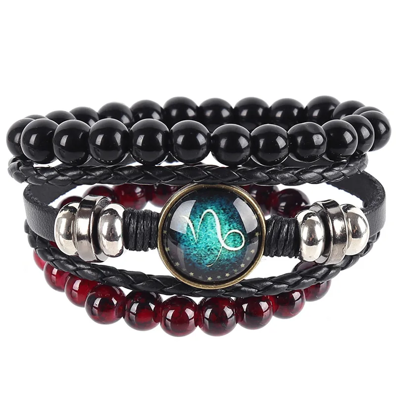 

12 Zodiac Signs Cowhide Bracelet Multi-layer Bead Set Male and Female Universal Adjustable Guardian Signs Couple Gifts