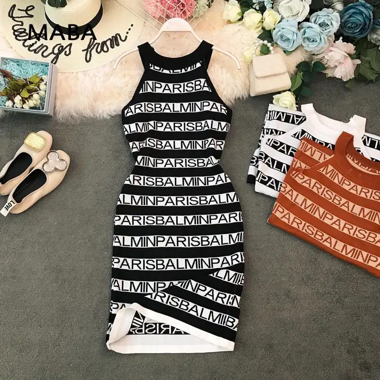 

Knitted Letter Print Women Dresses 2022 Summer Halter Sleeveless Vestidos Sexy Slim Bodycon Dress Spaghetti Strap Office Dress