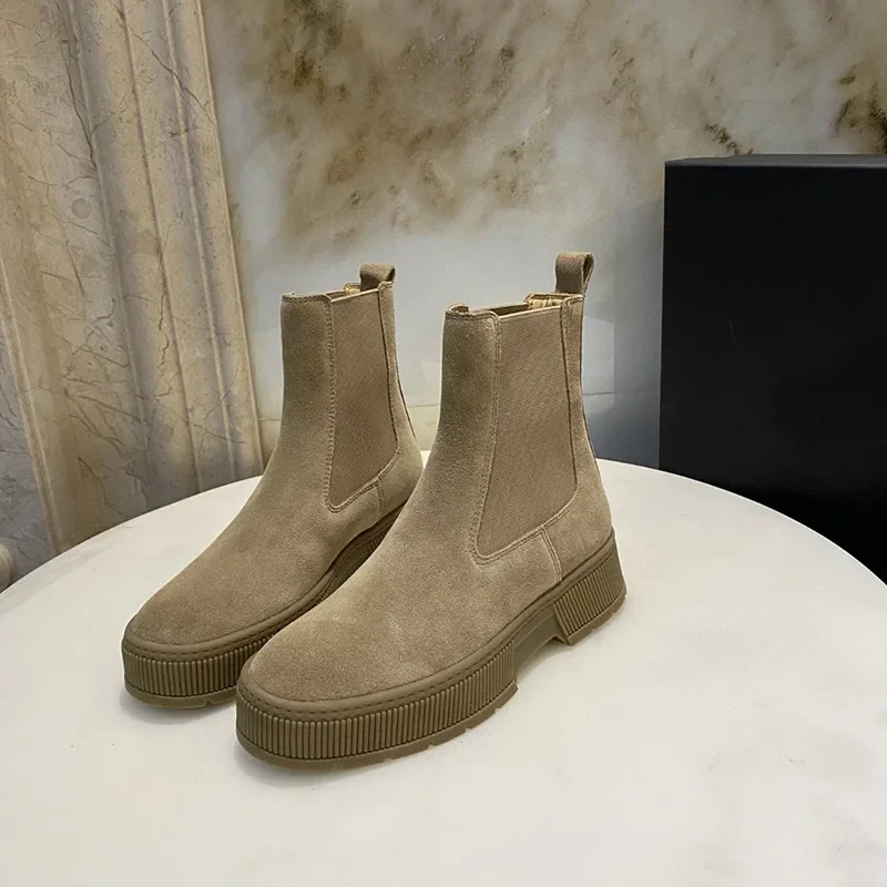 

2023 Spring Genuine Leather Ankle Boots For Women England Thick Sole Platform Boots Women Suede Slip On Chelsea Boots Woman.