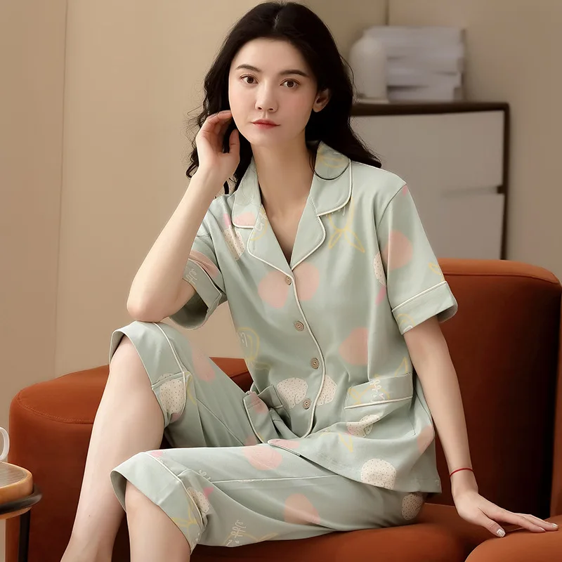 2023 New Summer Pajamas for Women Pure Cotton Korean Style Cartoon Cute Short-sleeved Shorts Home Service Suit Casual Sleepwear