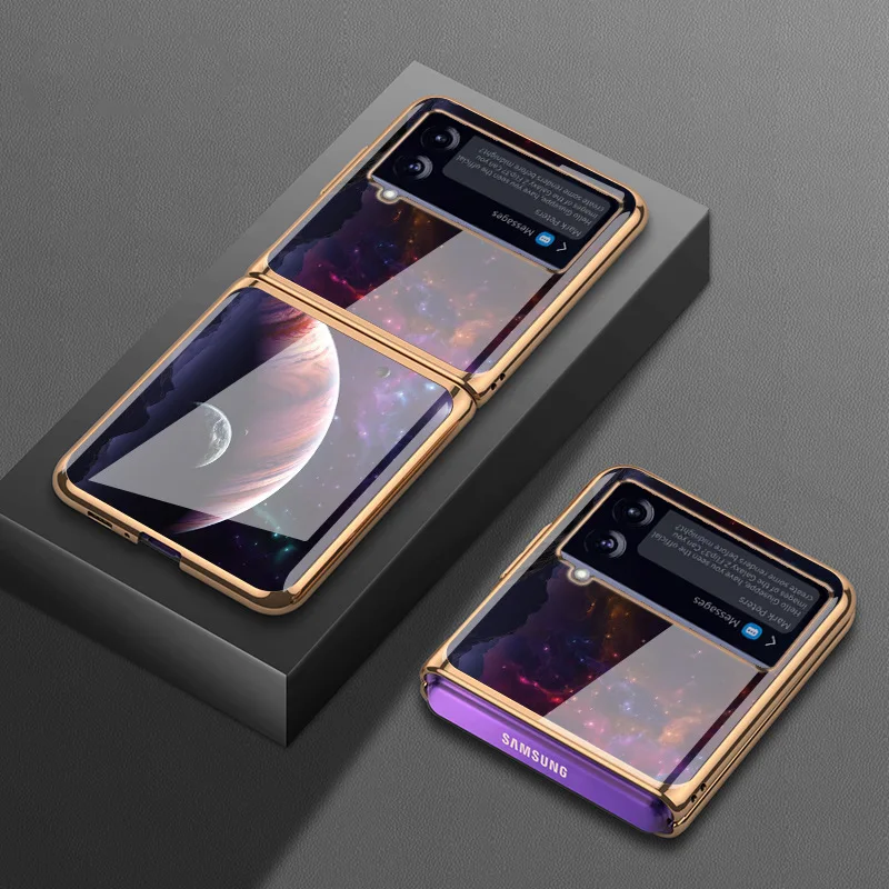 Romantic Starry Sky Phone Case for Samsung Z Flip 3 4 Case Luxury Tempered Glass Flip4 Shockproof Case for Galaxy Z Flip4 Case