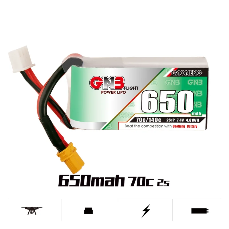 

2 шт. Gaoneng GNB 650 мАч 2S 7,4 В 70C 140C 2S1P LiPo аккумулятор со штекером для маленького четырехосевого FPV радиоуправляемого гоночного дрона