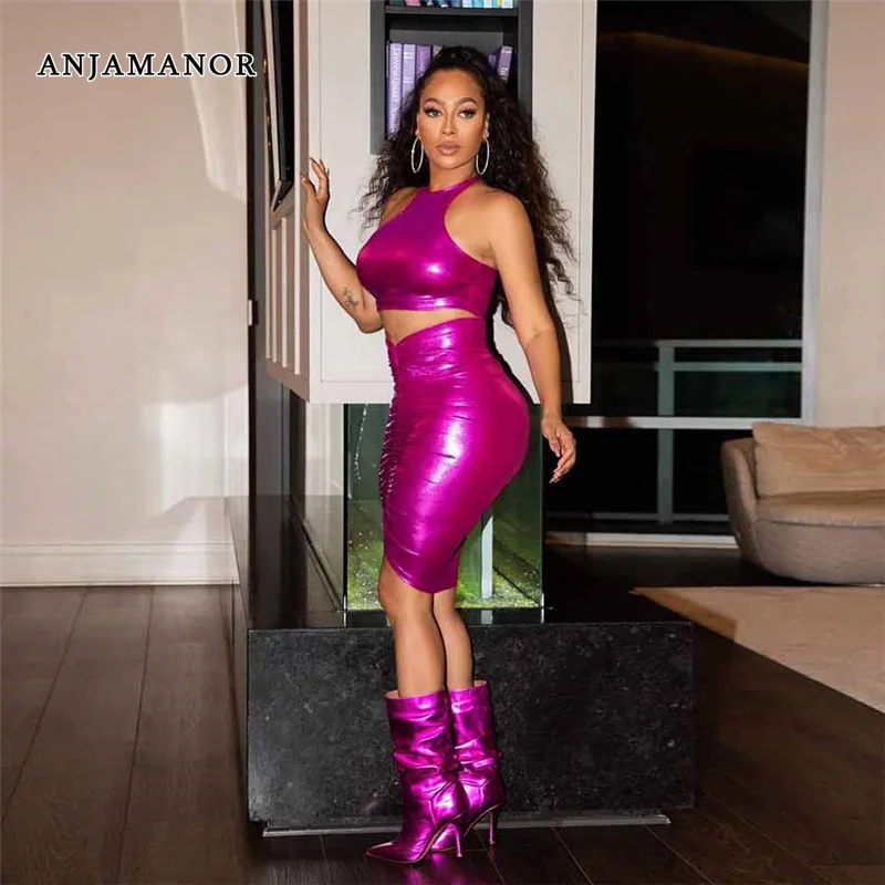 

ANJAMANOR Crop Top and Mini Skirt Two Piece Set Club Outfits for Women Sexy Clothing 2022 Bodycon Dress Matching Sets D87-BE15