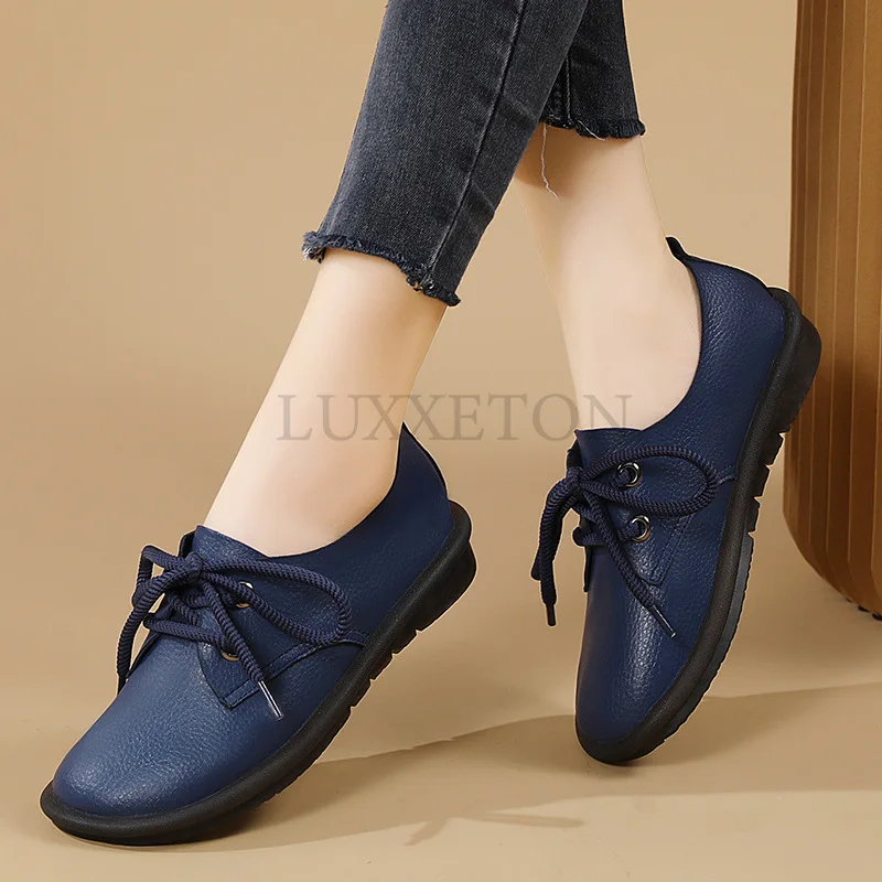 Туфли женские с круглым носком мягкая кожа подошва Повседневные Легкие обувь для