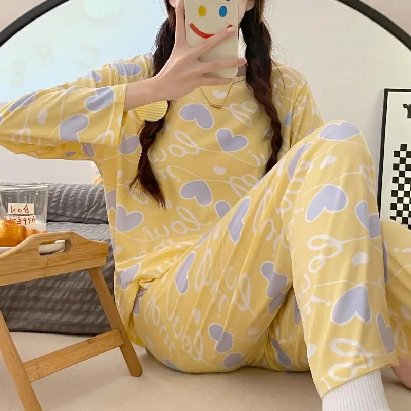 New Spring and Autumn New Pajamas Ladies Long-sleeved Trousers Cardigan Print Sweet and Fresh Home Service Women's Pajamas Set