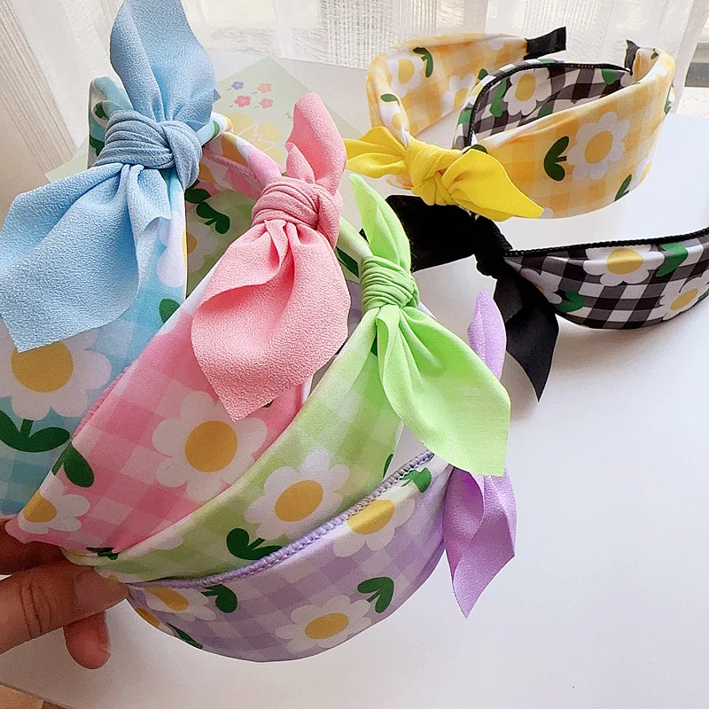 

Plaid Print Cartoon Bow Headbands For Girls Hairbands Korea Hair Accessories Wide Hairband For Girls Floral Headband