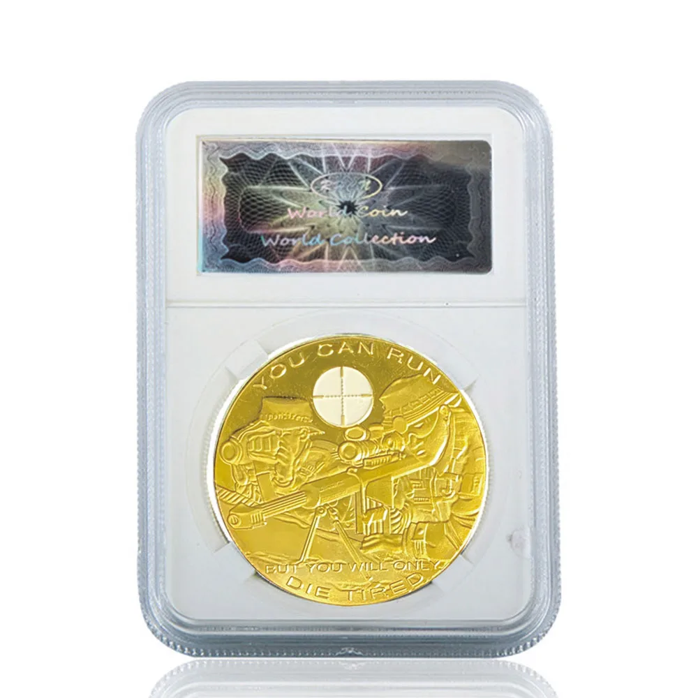 

NEW Gold Skull Sniper You Can Run Die Tired USA Challenge Coins W/ Acrylic Case Collectible For Gift