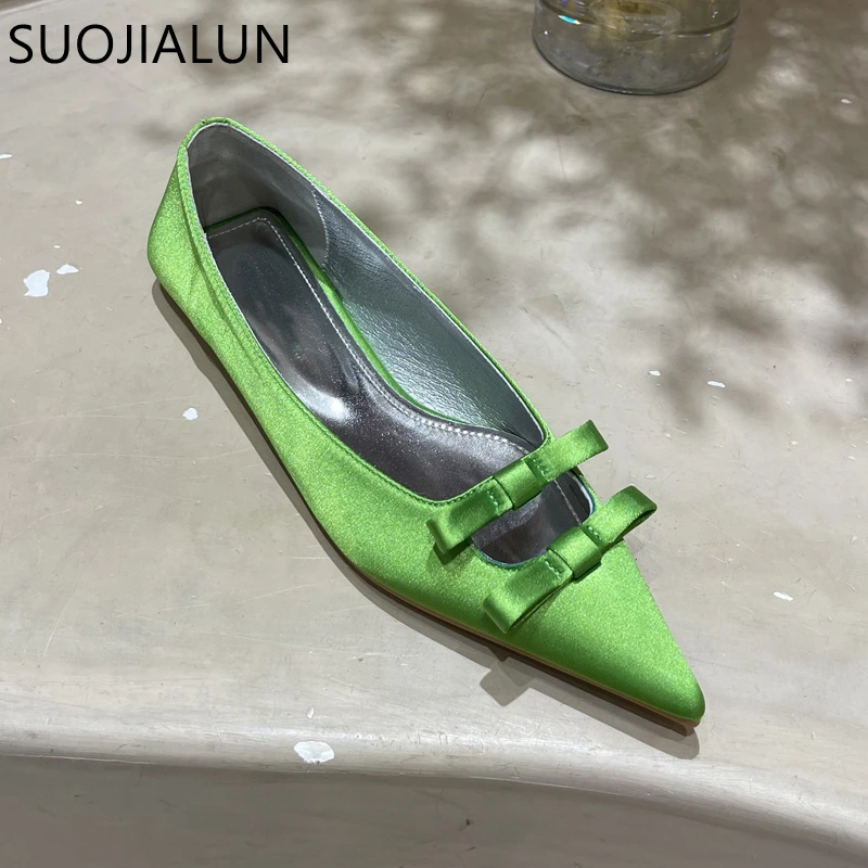 SUOJIALUN 2022 New Spring Flats Shoes Pointed Toe Shallow Slip On Ladies Elegant Ballerina Fashion Bow-knot Casual Women Loafers