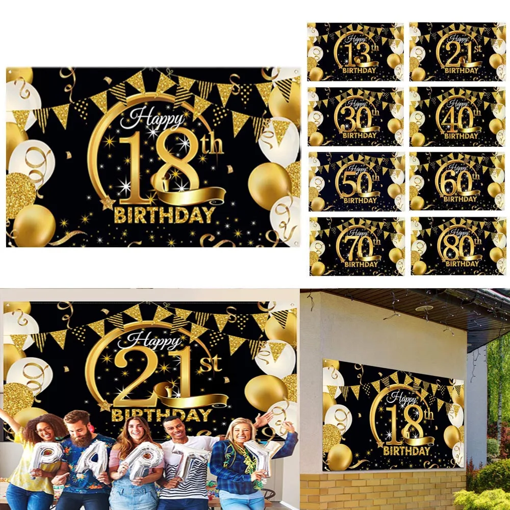 

Happy Birthday Backdrop Black Glod 18th 21th 40th 50th Birthday Party Poster Custom Photo Background Photocall Props Banner