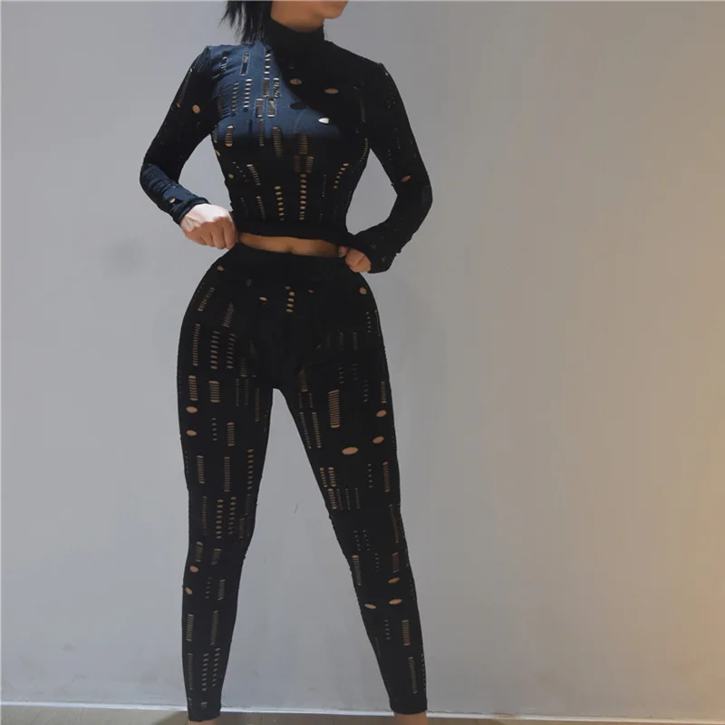 Biker Style Two Piece Set Women Autumn Hollow Out Long Sleeve Turtleneck Top+Solid Sheath Stretchy Waist Female Pants