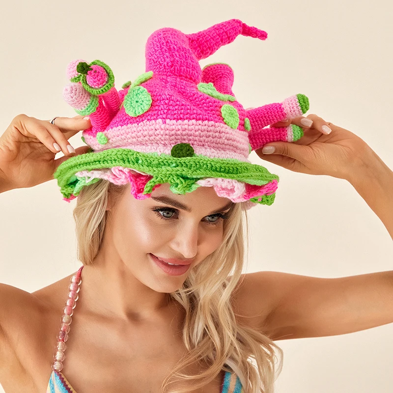 

Parent-Child Mushroom Fairy Bucket Hat Mother Kids Winter Warm Knit Hat Family Matching Wide Brim Crochet Cap
