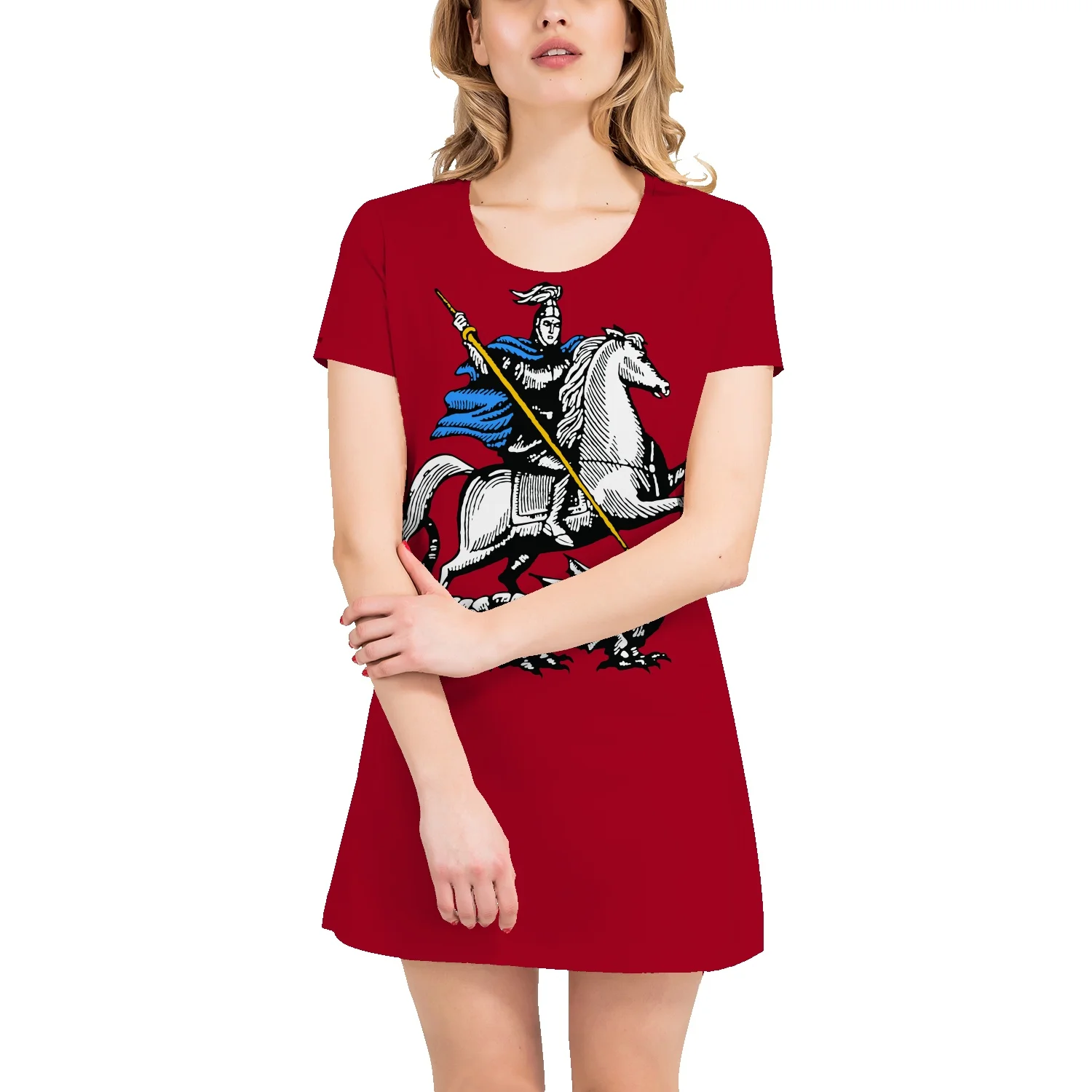 

Новинка, юбка-футболка с принтом животного, лошади, тигра, дракона, женская повседневная юбка средней длины с коротким рукавом и круглым выр...