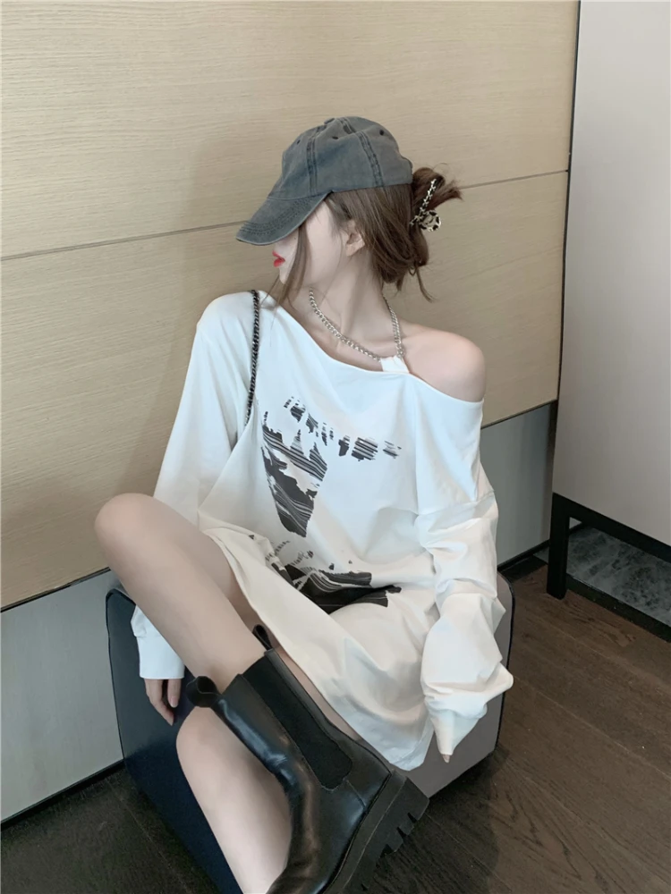 

Y2k Women T-shirt Long Sleeve Oversized Off-the-Shoulder Slanted Shoulder Mid-Length Autumn Chain Grunge White Casual Top Tshirt