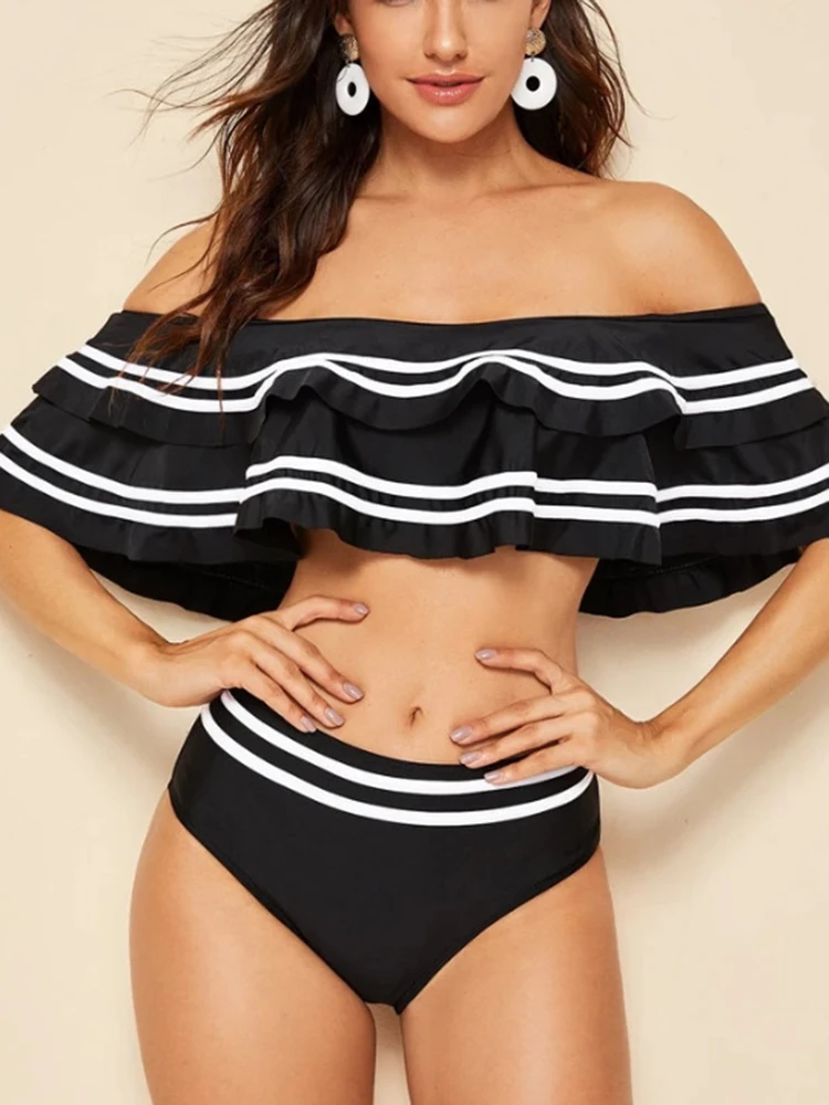 Plus Size Striped Off Shoulder Bikini Swimsuit For Women's Large Size High Waist Bathing Suit Two Piece Big Size Swimwear 3XL