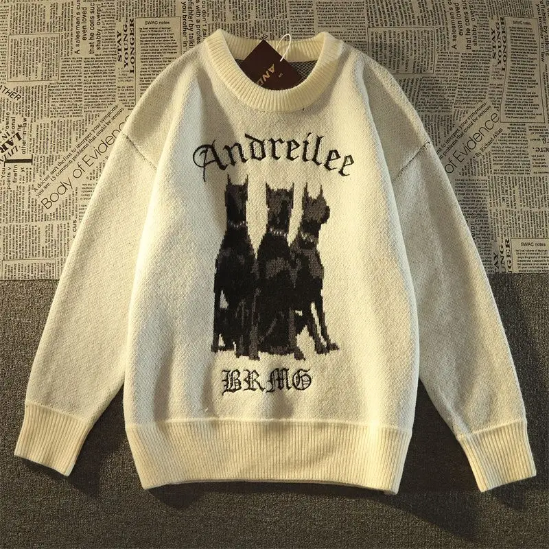 2022 Autumn Men Sweater Y2K Streetwear Hip Hop Vintage Knitted Doberman Dog Sweaters Harajuku Youth Vitality Clothes