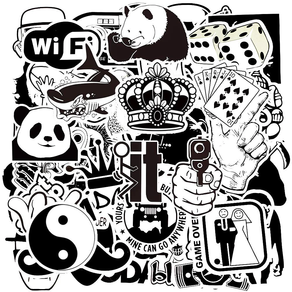 

10/30/50PCS Mixed Black and White Cartoon Cool Stickers Snowboard Laptop Luggage Fridge Guitar Graffiti Classic Toys Stickers