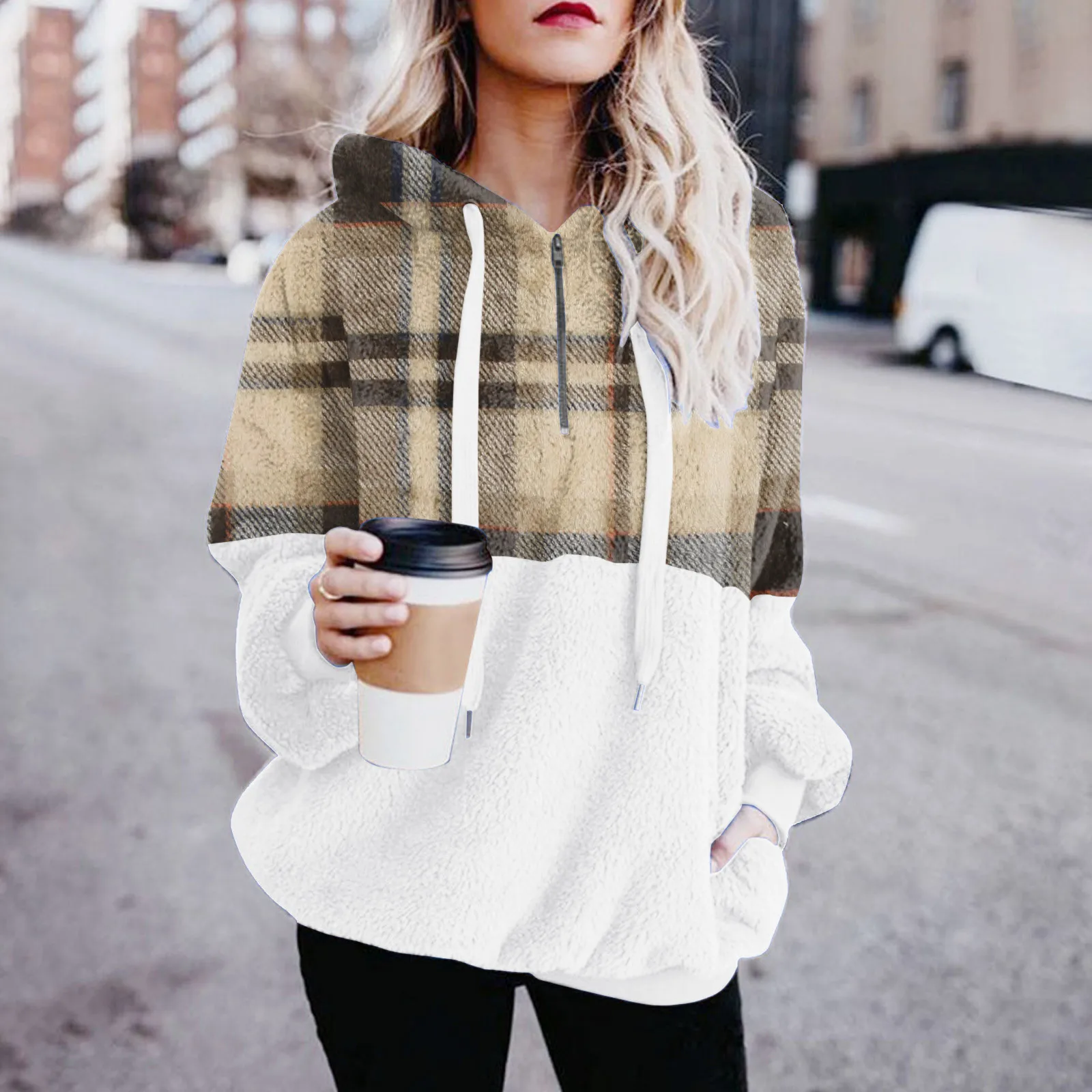 

Куртка женская клетчатая из искусственной шерсти, повседневный однотонный пуловер на молнии с длинным рукавом, свитшот свободного покроя с...