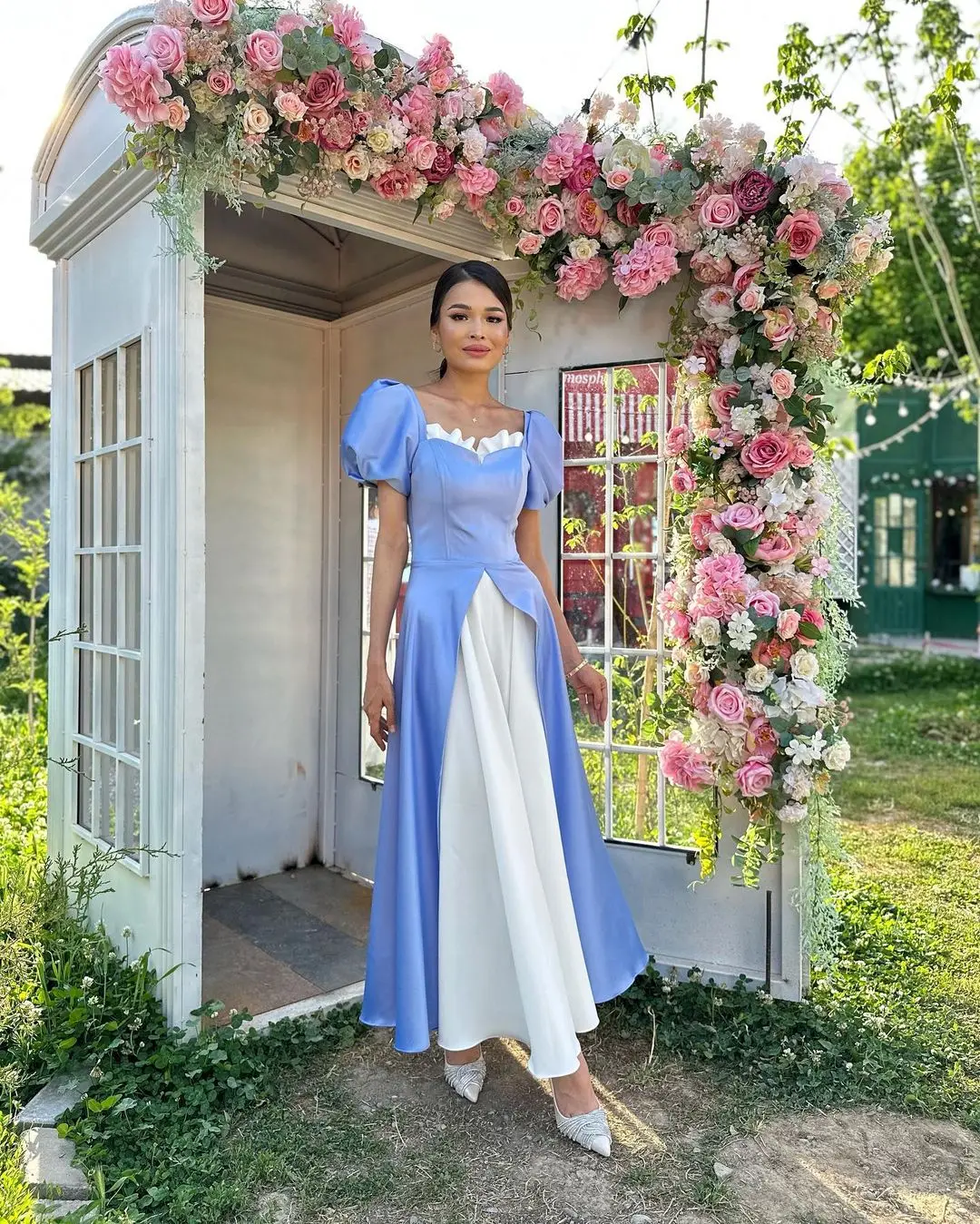 

VD Contrast Prom Dresses Square Neck Short Sleeves Graduation Party Birthday Gowns Ankle Length A Line Evening Formal Dress