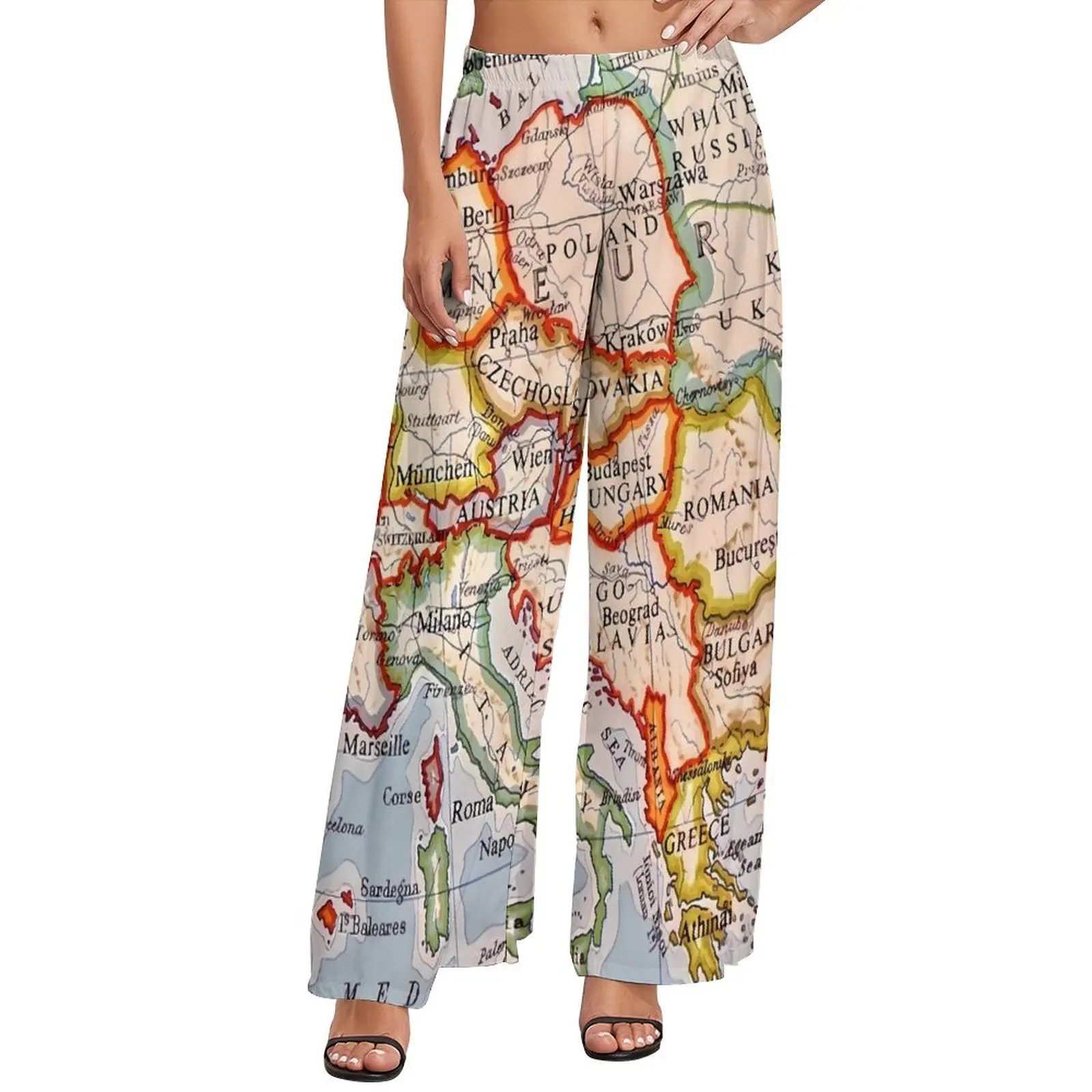 

Брюки женские винтажные широкие с принтом, штаны с картой Европы, прямые штаны в стиле Харадзюку, большие размеры