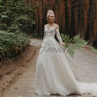 o neck long sleeve wedding dresses lace appliques organza vestido de noiva sweep train bridal gown boho a line robe de mari%c3%a9e