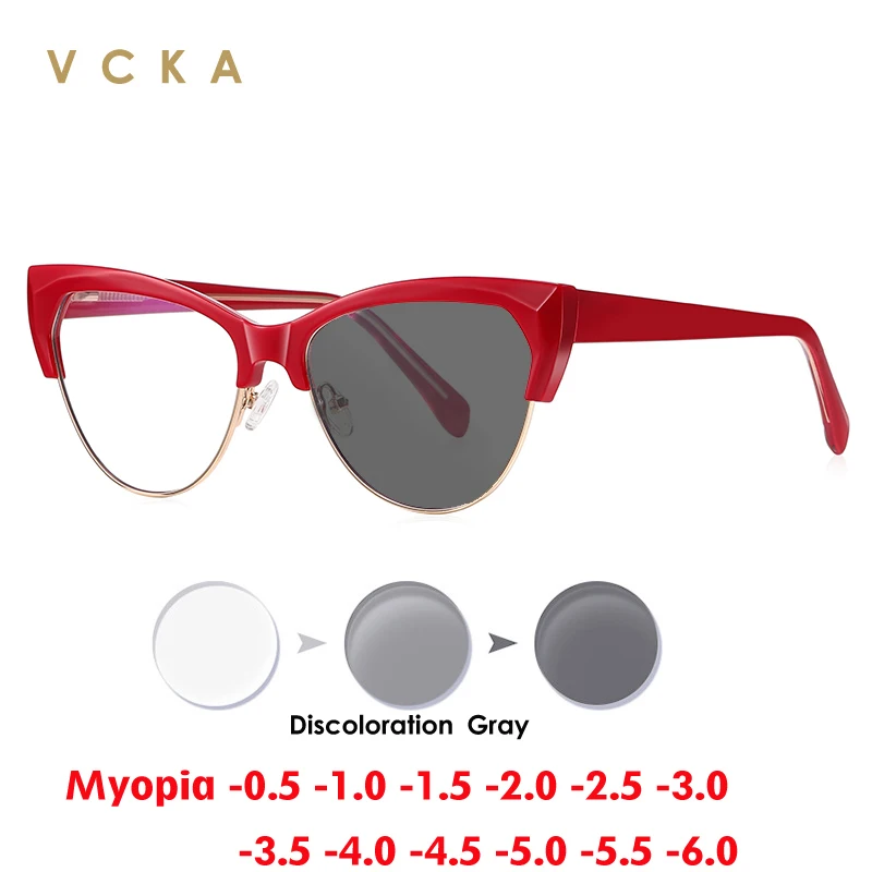 VCKA Cat Eyes Myopia Glasses Frames Fashion Women Anti Blue Light Optics Prescription Discoloration Eyewear -0.50 TO -10