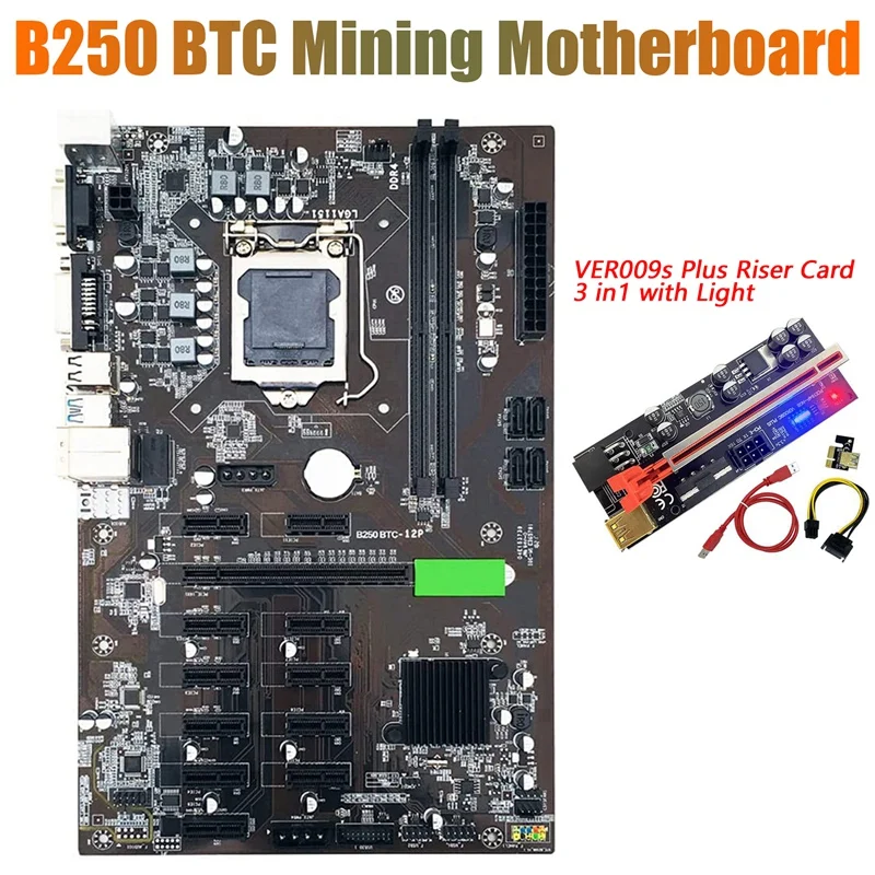 

B250 BTC Mining Motherboard With 009S Plus Riser Card 3 In1 With Light 12Xgraphics Card Slot LGA 1151 DDR4 For BTC Miner