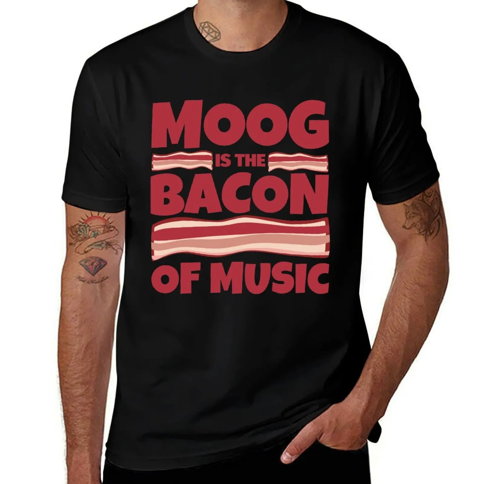 Фото Moog подарки-футболка с беконом музыки, уличная одежда, тяжелые Графические футболки, облегающие футболки для мужчин №1