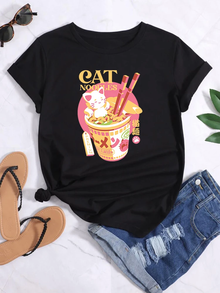 

Kawaii Cat Moodles Print Women Tshirt Harajuku Aesthetic T Shirts Ladies Fashion Soft Tops Breathable Street Tops XS-4XL Tee