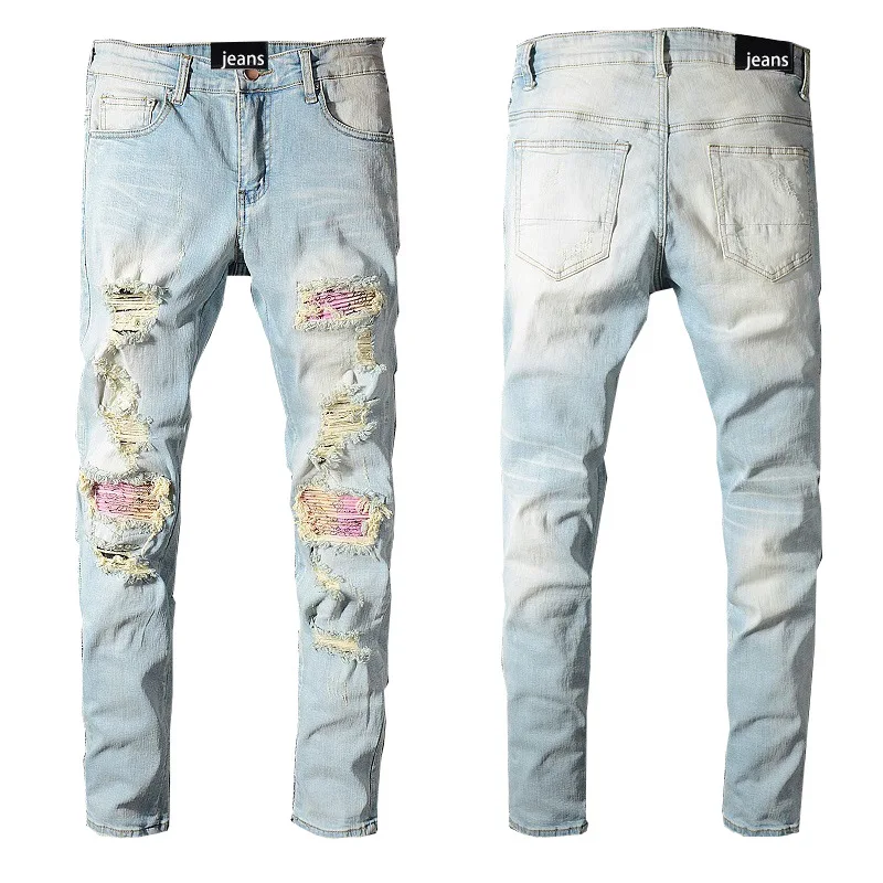 High Quality High Street Light Bright Ripped Hole Patch Trousers Slim Fit Jeans Men Denim Pants