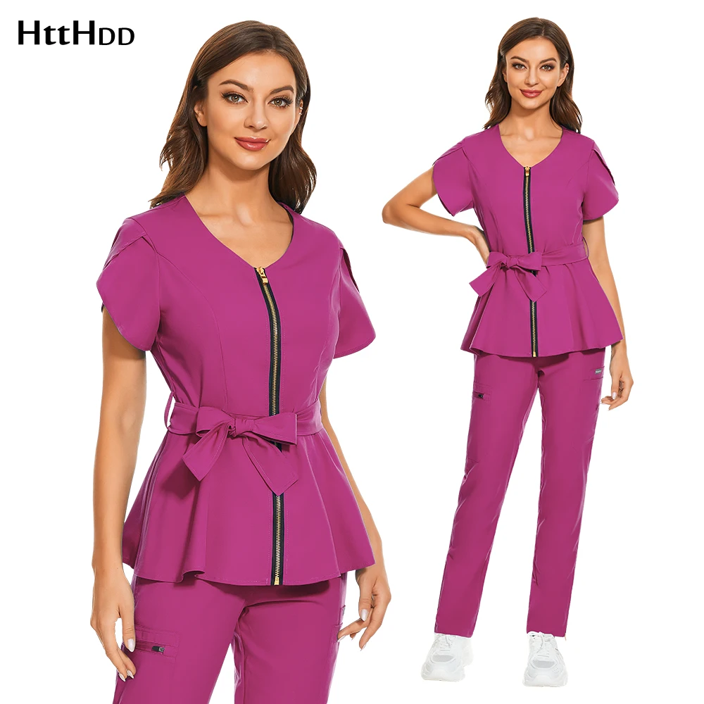 

Zipper Scrubs Set for Women Pet Hospital Uniform Solid Color Scrub Suit Surgical Gown Multiple Pockets Wholesale Nursing Uniform