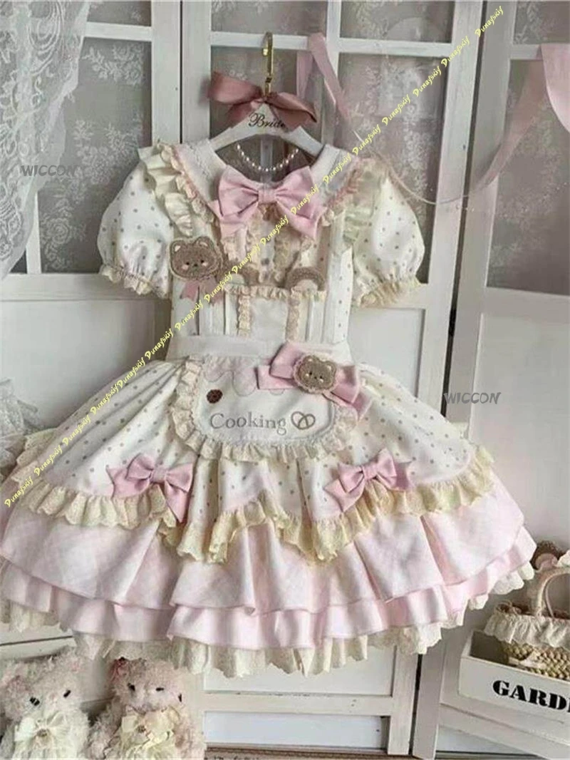 Фото Платье Teddy Bear Baker Lolita OP с коротким рукавом, милое платье принцессы Лолиты с милым принтом и бантом, для повседневной носки №5
