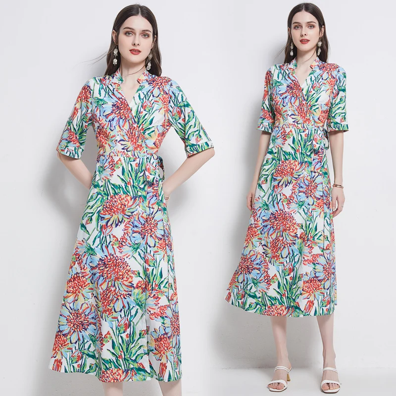 

European and American new V collar strap wrap dress printed long dress