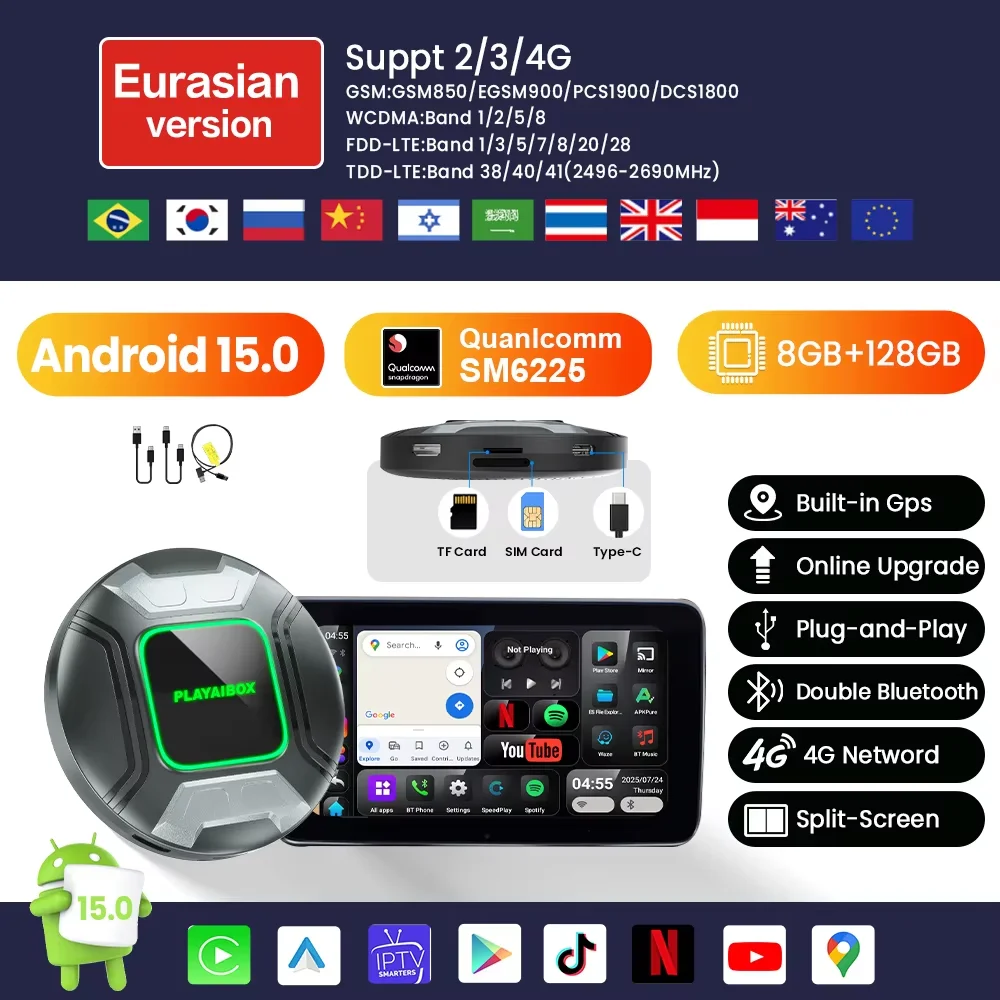

Playaibox Carplay Ai Box Android 15 Беспроводной Carplay Android Auto QM6225 8 ГБ + 128 ГБ 4G Lite для оригинального автомобиля Встроенный Carplay