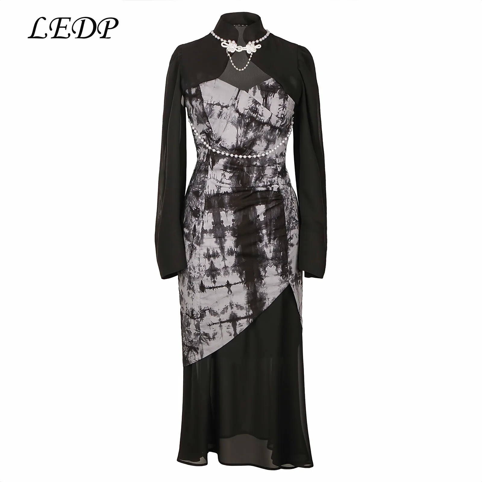 LEDP Chiffon Streetwear V-Neck Tie Dye Chinese Style Spaghetti Strap Elegant Maxi Dresses for Women Sleeveless Vintage Dress