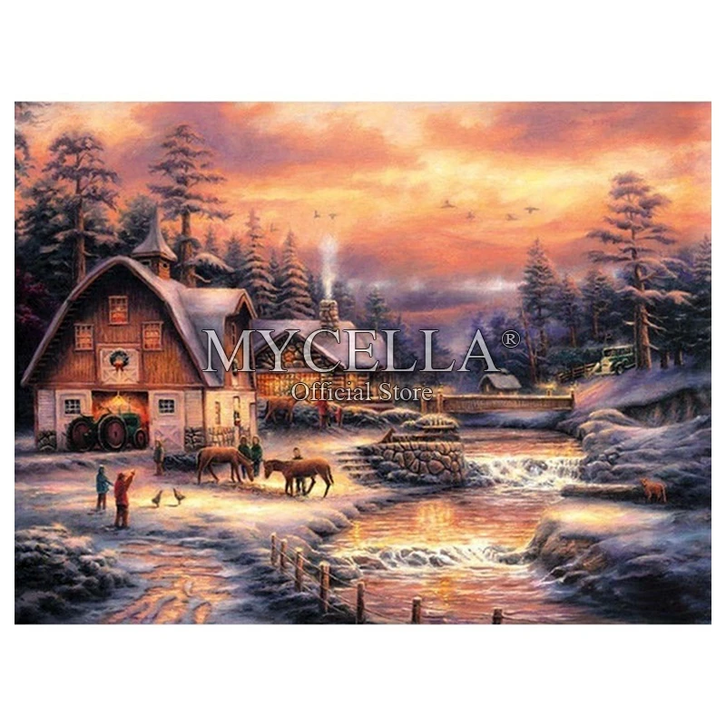 

Алмазная мозаика, деревенский пейзаж 5D, алмазная живопись своими руками, полный квадратный фон стразы, зимний домашний декор