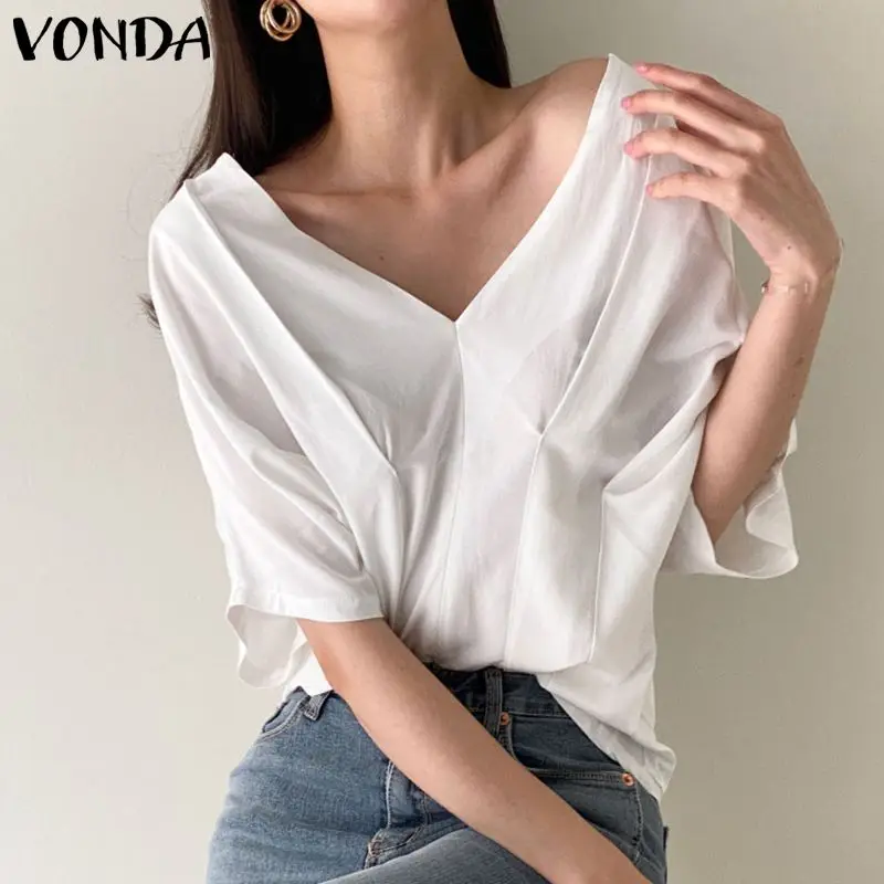 

VONDA 2022 Women Sexy V Neck Blusas Pleated Blusa Femininas Half Sleeve Casual Chemise Tops Spring Pleated Solid Blouse Oversize