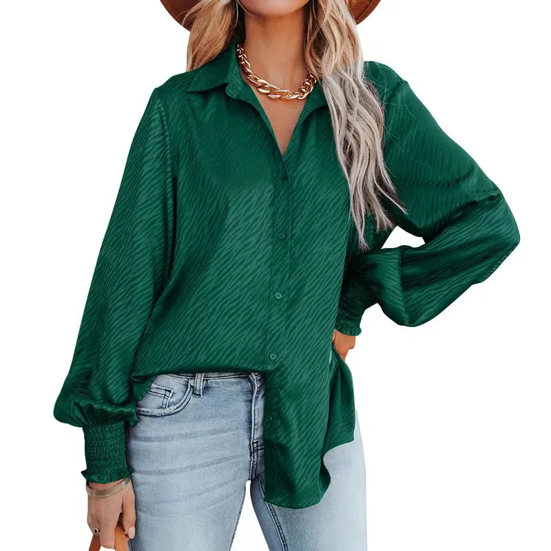 

CINESSD Women Single Breasted Blouse Autumn Tops Turn Down Collar Lantern Long Sleeves Office Lady Solid Print Casual Blouses