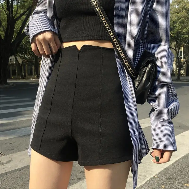 Basics Womens Shorts Fashion New Graphic Sense High Waist Elasticity A-line Korean Solid Zipper Slim Thin Casual Shorts