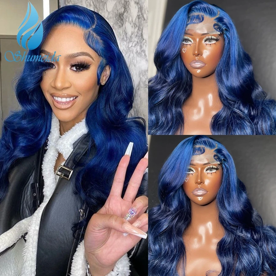 

Shumeida Blue Color 13*6 Lace Front Wigs with Pre Plucked Hairline Brazilian Remy Body Wave Human Hair Glueless Wig Baby Hair