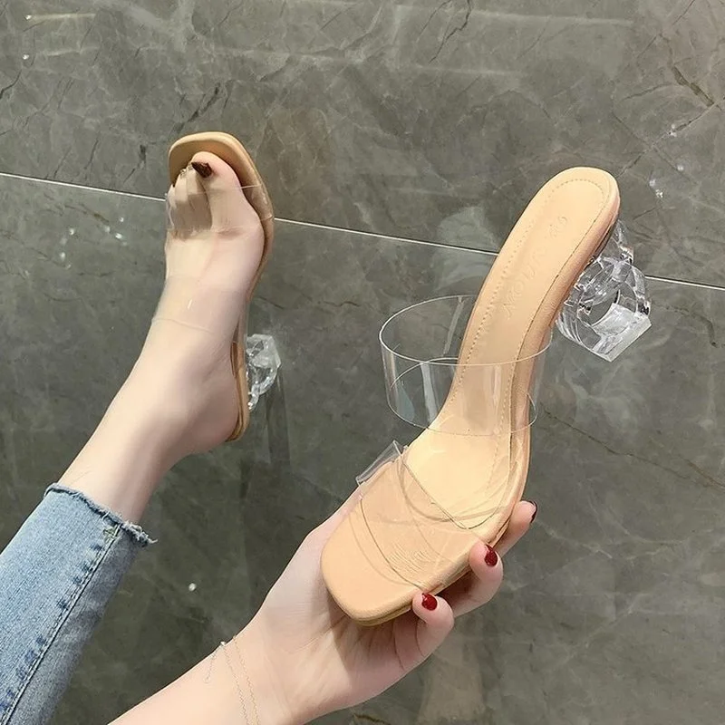 

Thick Square Low Heels Shoes Woman Transparent Sandals Plus Size 42/43 Ladies Flip Flops Nude Sandalias Mujer Clear Slippers