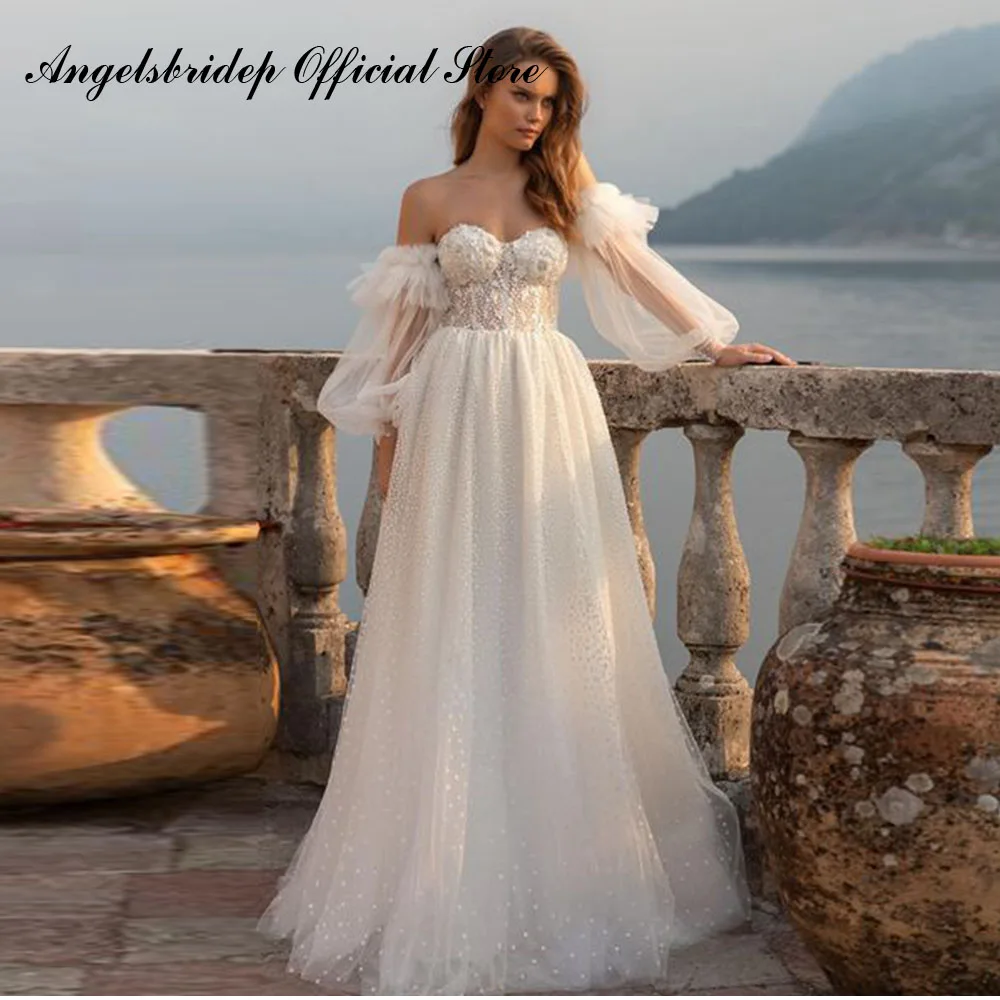 

Angelsbridep Glitter Tulle Boho Wedding Dress 2022 Detachable Puff Sleeves Lace Applique Beach Bride Gown 2022 Vestidos De Novia
